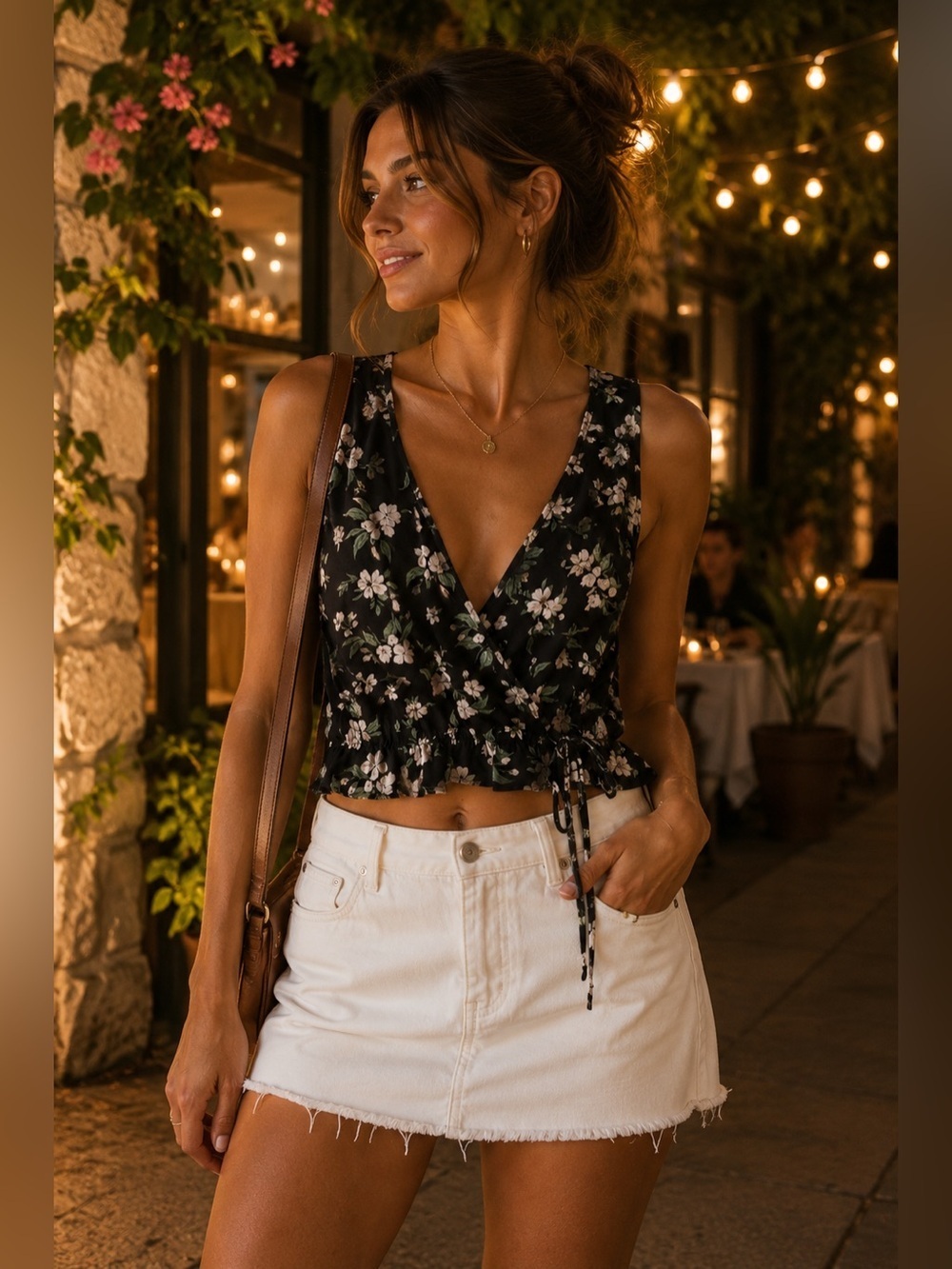 Pull&Bear Black Floral Wrap Tank Top with Tie Waist Size S Y2K Cottagecore